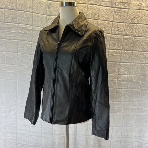 New York & Company Jacket Women's M Black Genuine Leather Coat Lined Full Zip - Picture 2 of 9